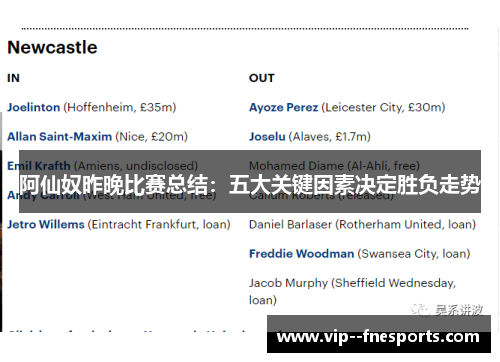阿仙奴昨晚比赛总结：五大关键因素决定胜负走势