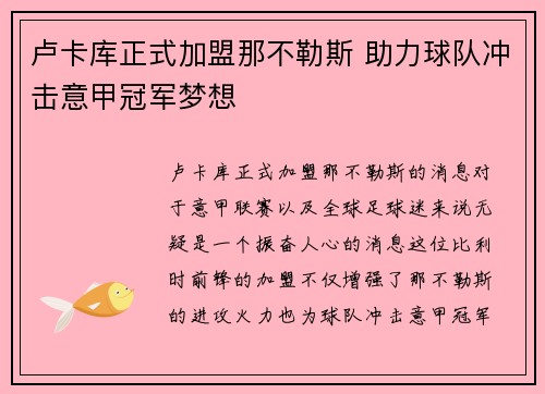 卢卡库正式加盟那不勒斯 助力球队冲击意甲冠军梦想 卢卡库正式加盟那不勒斯 助力球队冲击意甲冠军梦想
